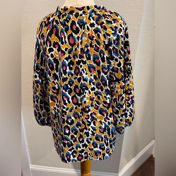 Jade Melody Tam Leopard Print Tie Neck, Ladder Trim Raglan Balloon Sleeve Blouse - Picture 3 of 6